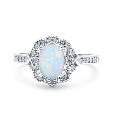 Oval Art Deco Wedding Ring Accent Vintage Lab Created White Opal 925 Sterling Silver